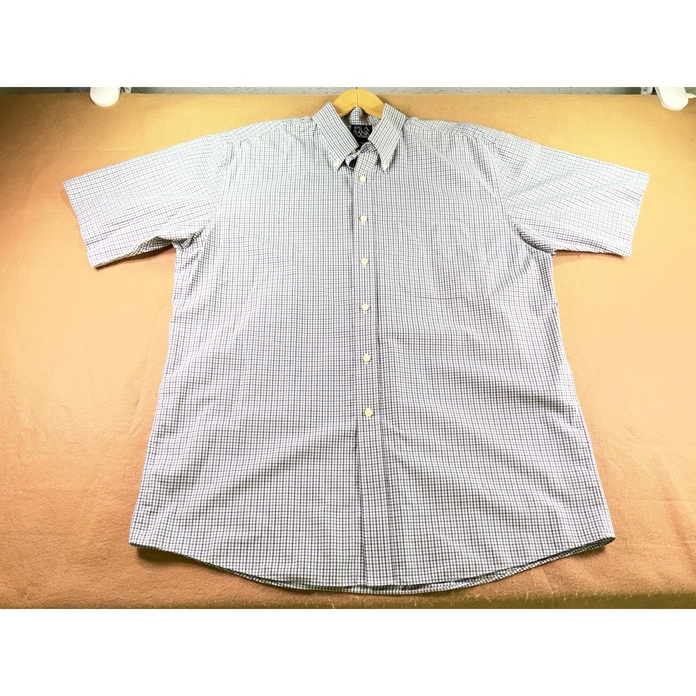 Jos A Bank Shirt Mens Large Blue Green Plaid Traveler's Collection Tailored Fit